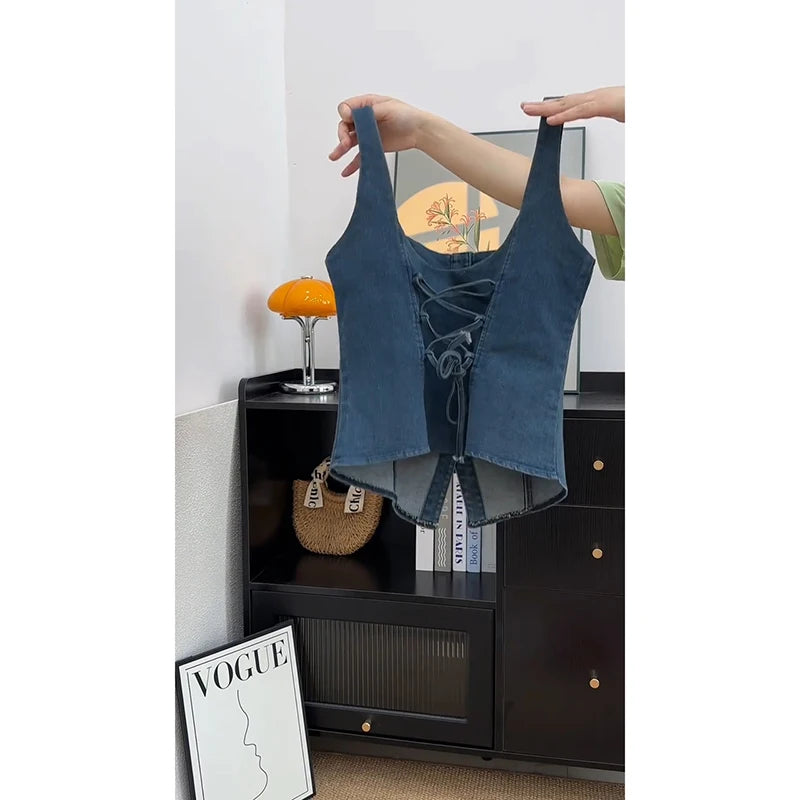 Retro Color Blo Denim Square Collar Vest Strap Women's ort Svel Top Summer New Sle Outdoor Wear Hot Girl