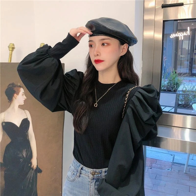 Ele White Bubble Sve Base irt Women's Unique Design Small ence 2025 New Autumn Winter Chic f High Collar Top