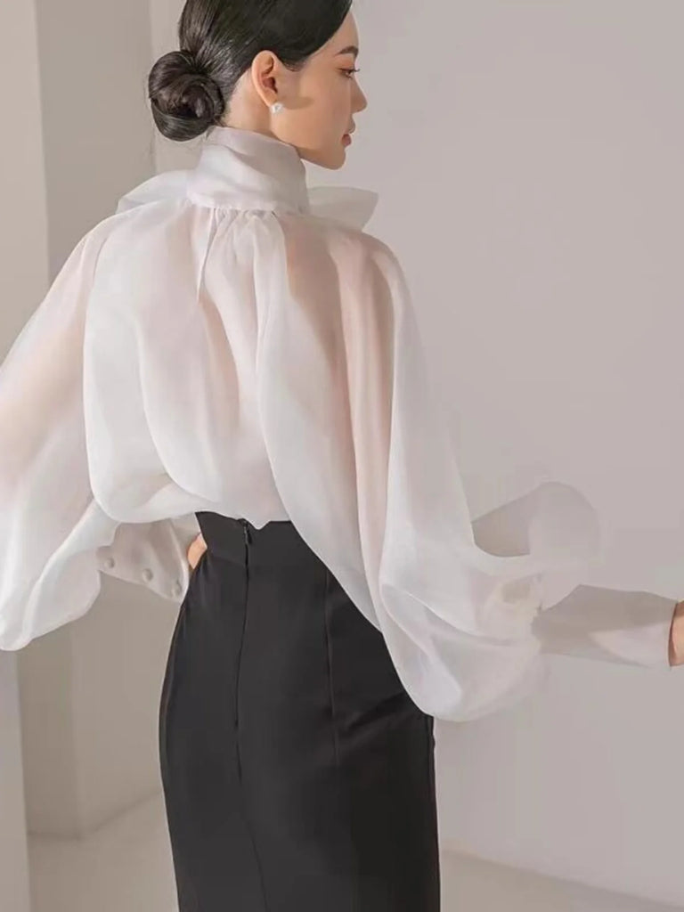 Korean Sle  Knot Bubble Sve irt Women's New 2026 Ele Faionable Chiffon See-tough Top Long Sve Stan...