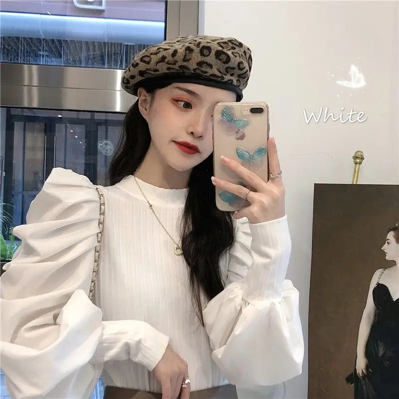 Ele White Bubble Sve Base irt Women's Unique Design Small ence 2025 New Autumn Winter Chic f High Collar Top