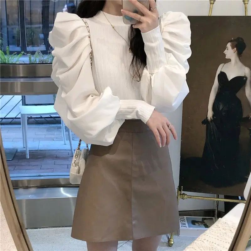 Ele White Bubble Sve Base irt Women's Unique Design Small ence 2025 New Autumn Winter Chic f High Collar Top