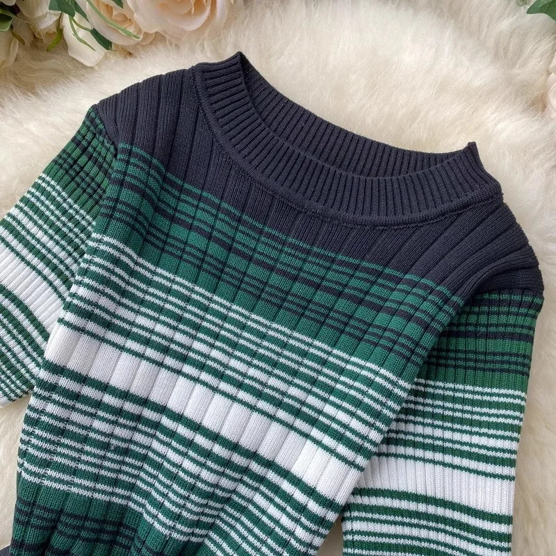 YuooMuoo Lady Stripes Knitted Bodycon Office Dress Summer Slim Elastic Sexy Package Hips Party Dress Women Outfits Vestidos
