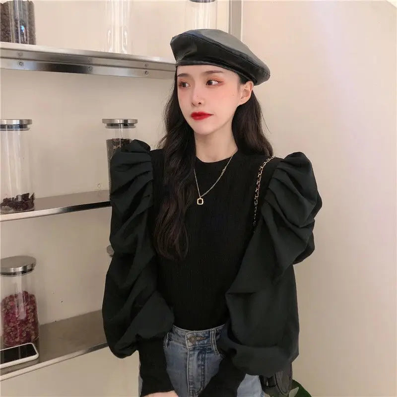 Ele White Bubble Sve Base irt Women's Unique Design Small ence 2025 New Autumn Winter Chic f High Collar Top