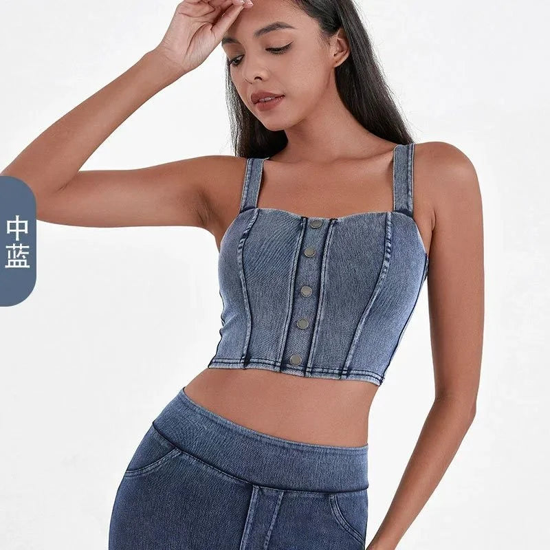 Women's Imitation Denim Fitn Yoga Vest High Elastici A-Line Narrow Strap Vest Eco-Friendly RPET Material No Chest Pad