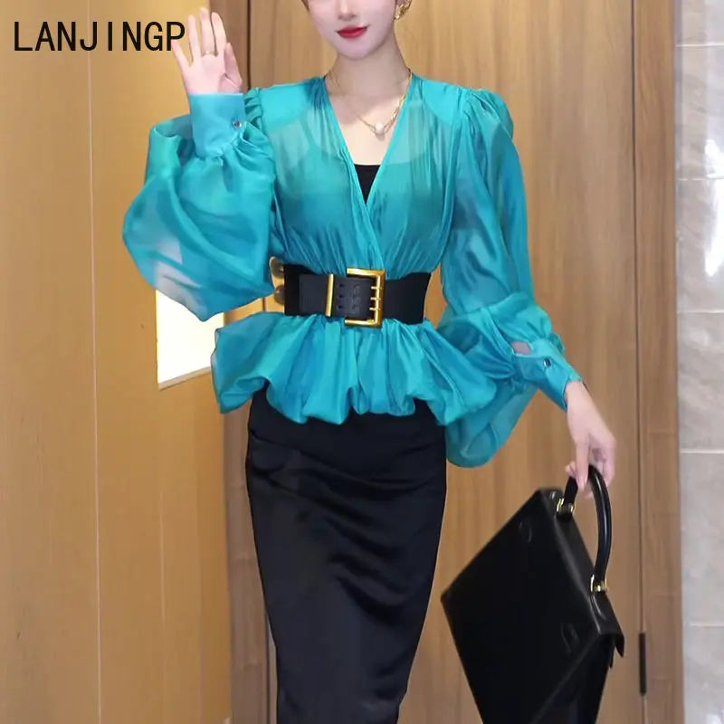 Spring and summer light mesh micro-transparent bubble sleeve shirt women's 2025 spring new high-end temperament V-neck top
