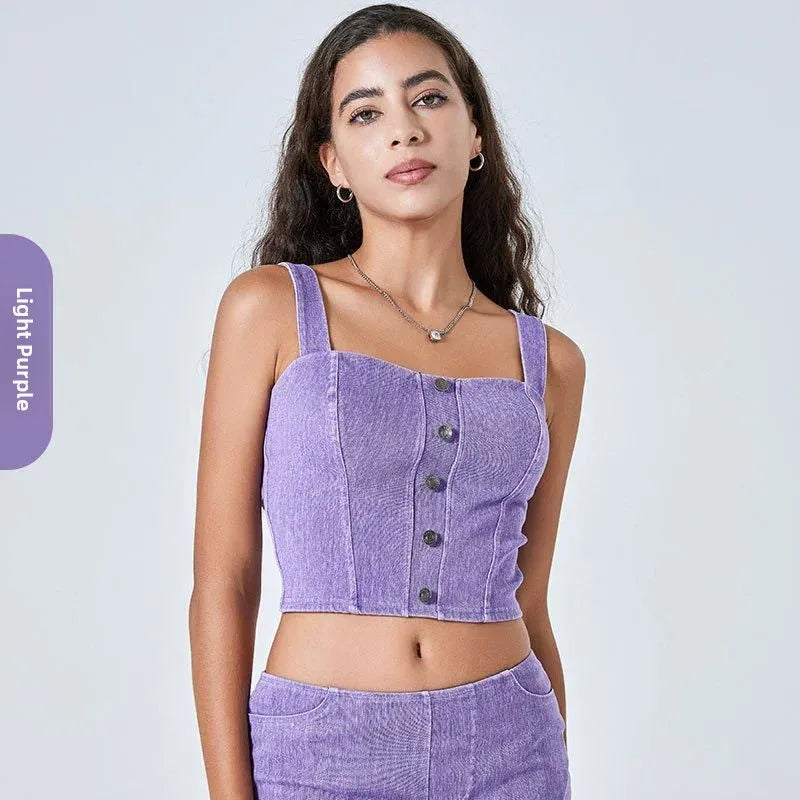 Women's Imitation Denim Fitn Yoga Vest High Elastici A-Line Narrow Strap Vest Eco-Friendly RPET Material No Chest Pad
