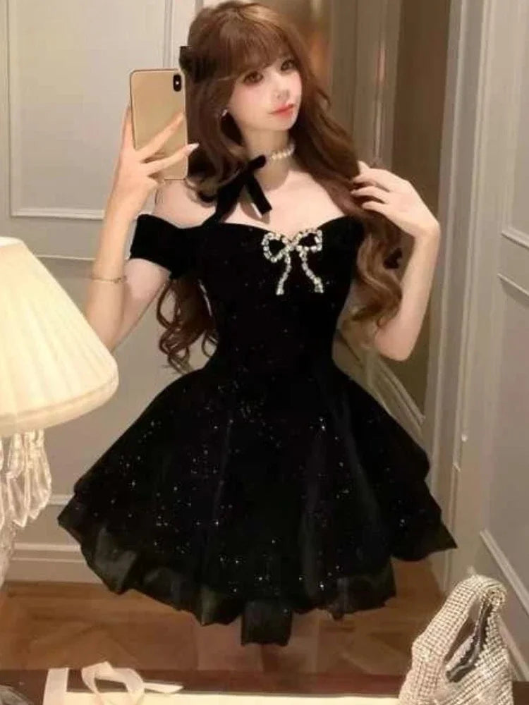 Black Evening Party Dress Woman Gothic Off Shoulder American Vintage Y2k Mini Dress Female Office Lady Birthday Outfits Korean