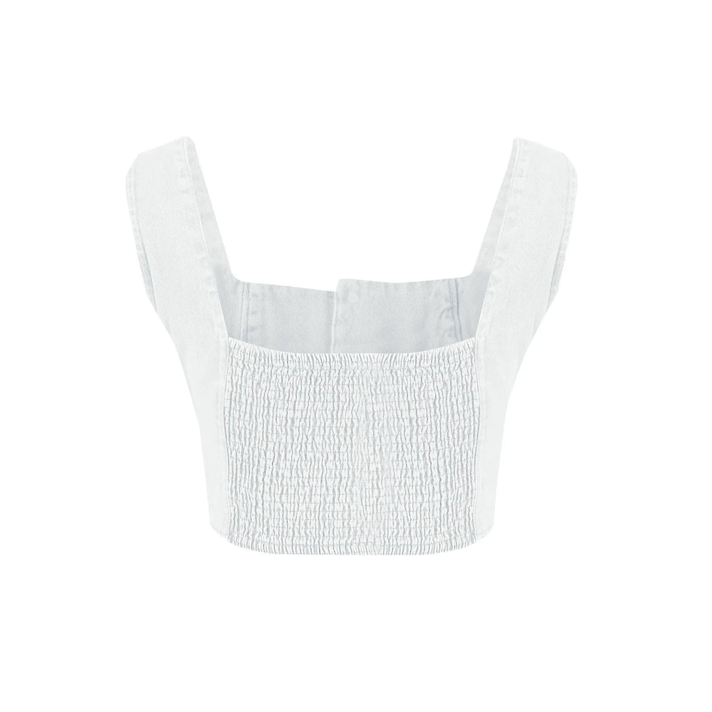 Fashion Slimming Streetwear Square Neck Denim Tops Women's Sexy Sleeveless Suspender Button Down Crop Solid Color Basic Tank Top