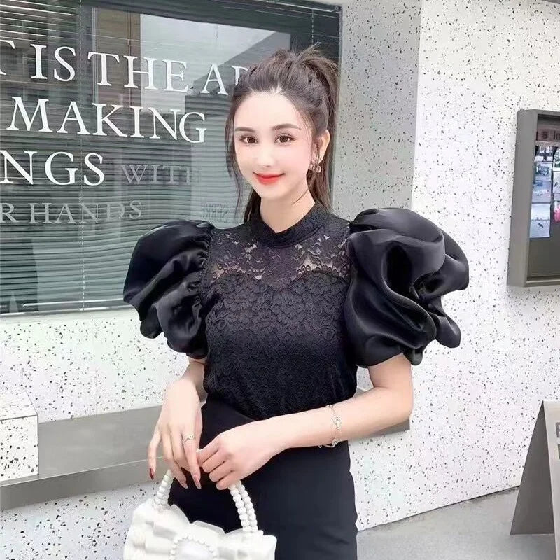 Women  Blouse Ruffled  Mesh  Summer Casual Loose Tops Korean Fashion Lantern Short Sleeve Shirts Vintage Solid Round Neck Tee