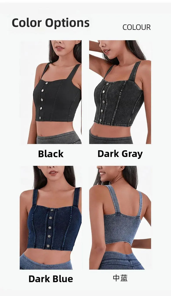 Women's Imitation Denim Fitn Yoga Vest High Elastici A-Line Narrow Strap Vest Eco-Friendly RPET Material No Chest Pad