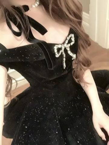 Black Evening Party Dress Woman Gothic Off Shoulder American Vintage Y2k Mini Dress Female Office Lady Birthday Outfits Korean