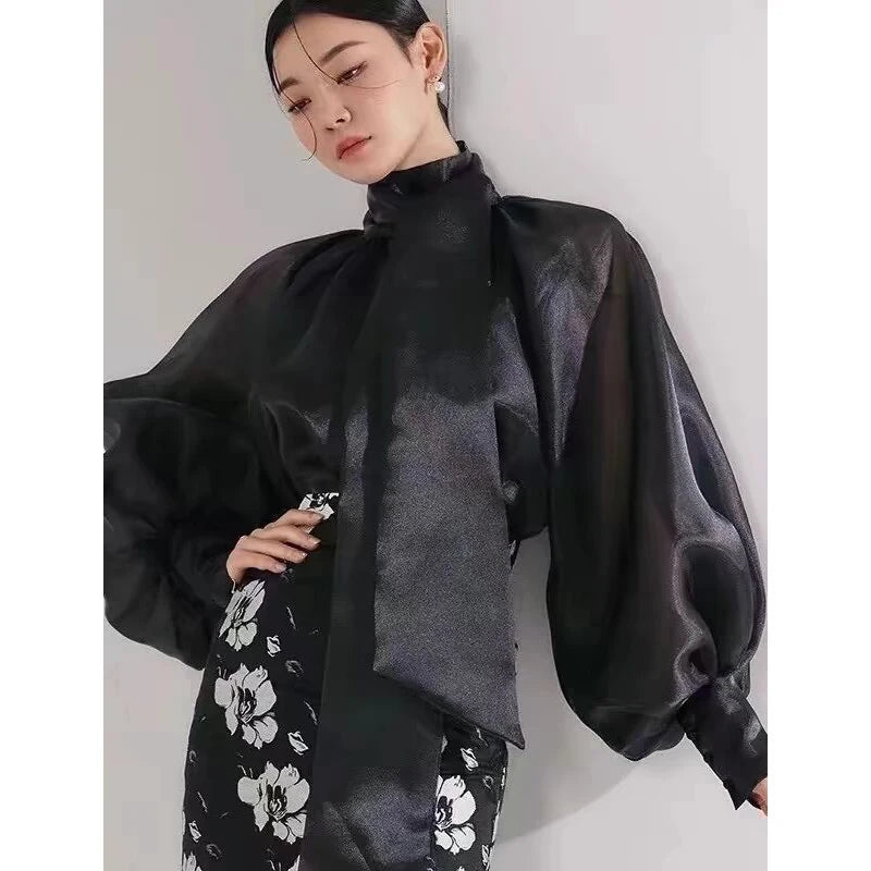 Korean Sle  Knot Bubble Sve irt Women's New 2026 Ele Faionable Chiffon See-tough Top Long Sve Stan...
