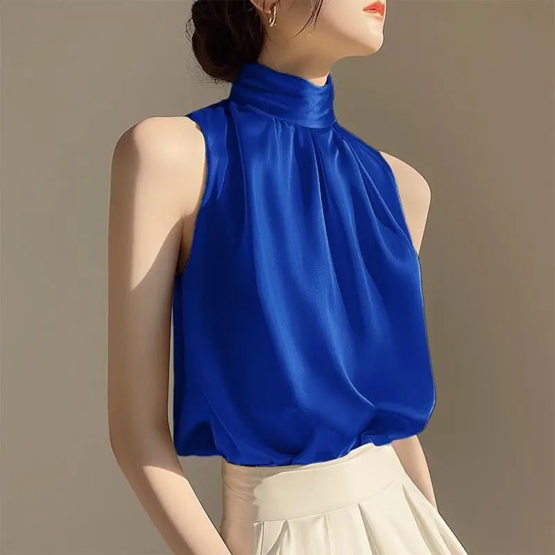 Fashionable Summer Women's Sleeveless Neck Hanging Vest Shirt Chiffon Satin Fabric Korean Style Loose Fit  Color Top