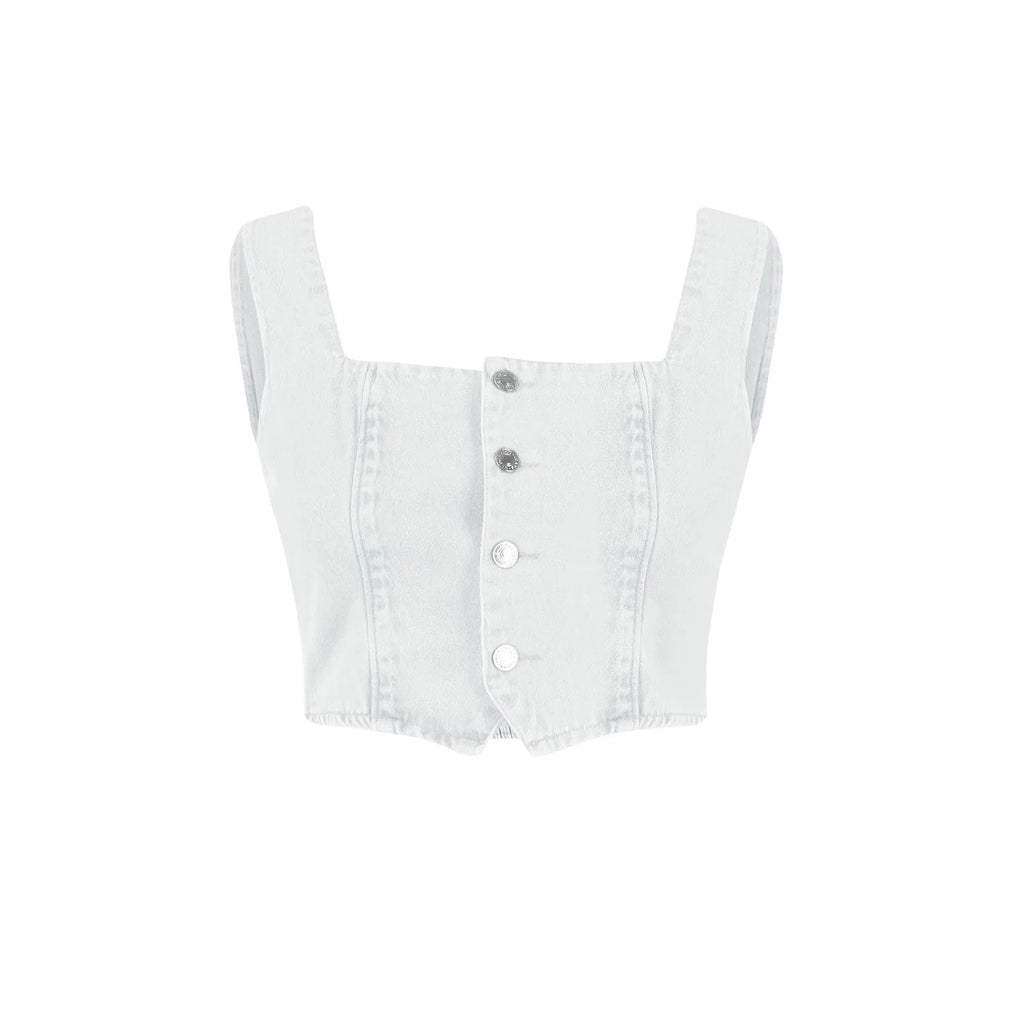 Fashion Slimming Streetwear Square Neck Denim Tops Women's Sexy Sleeveless Suspender Button Down Crop Solid Color Basic Tank Top