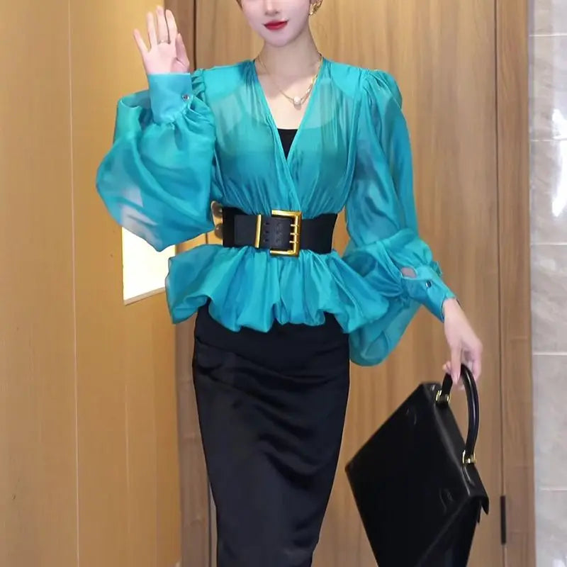 Spring and summer light mesh micro-transparent bubble sleeve shirt women's 2025 spring new high-end temperament V-neck top