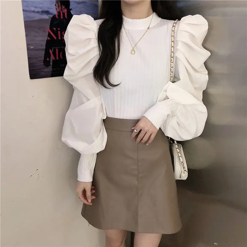 Ele White Bubble Sve Base irt Women's Unique Design Small ence 2025 New Autumn Winter Chic f High Collar Top