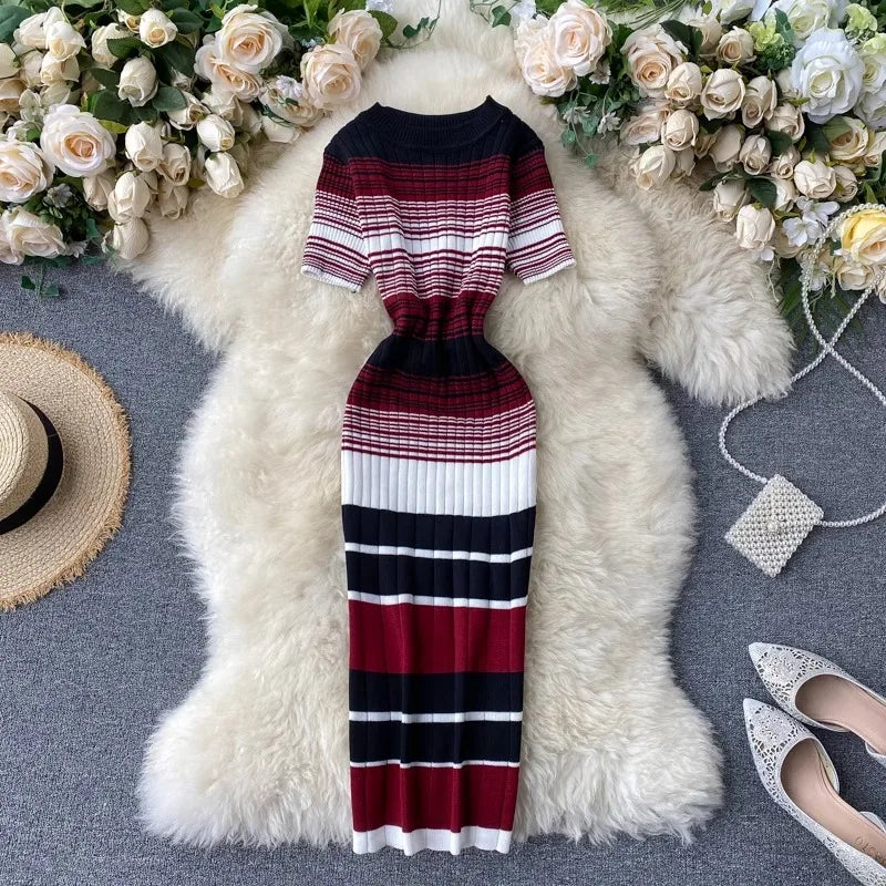 YuooMuoo Lady Stripes Knitted Bodycon Office Dress Summer Slim Elastic Sexy Package Hips Party Dress Women Outfits Vestidos
