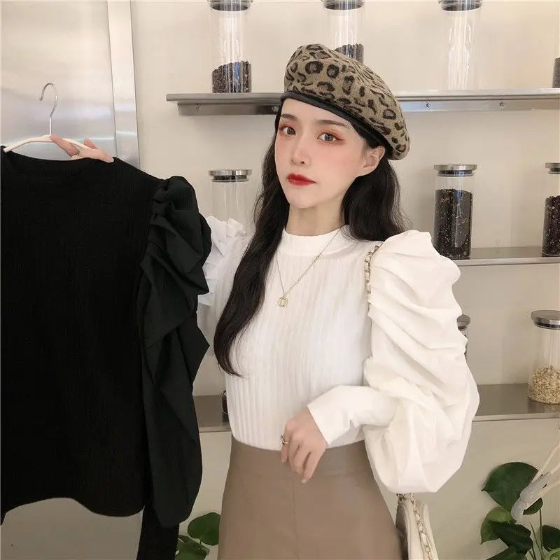 Ele White Bubble Sve Base irt Women's Unique Design Small ence 2025 New Autumn Winter Chic f High Collar Top