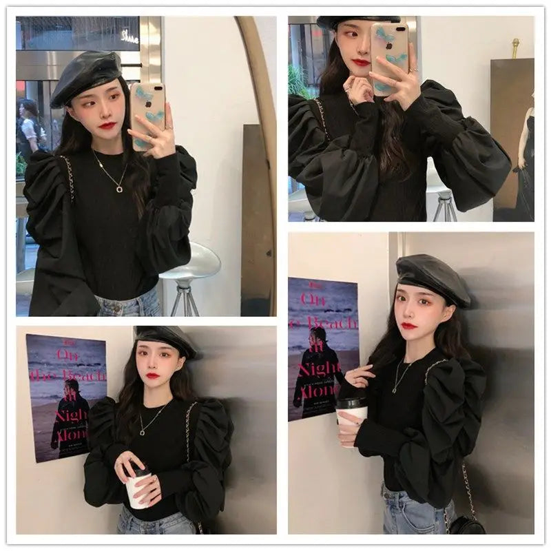 Ele White Bubble Sve Base irt Women's Unique Design Small ence 2025 New Autumn Winter Chic f High Collar Top