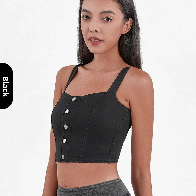 Women's Imitation Denim Fitn Yoga Vest High Elastici A-Line Narrow Strap Vest Eco-Friendly RPET Material No Chest Pad