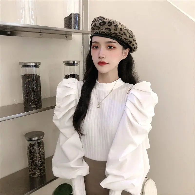 Ele White Bubble Sve Base irt Women's Unique Design Small ence 2025 New Autumn Winter Chic f High Collar Top