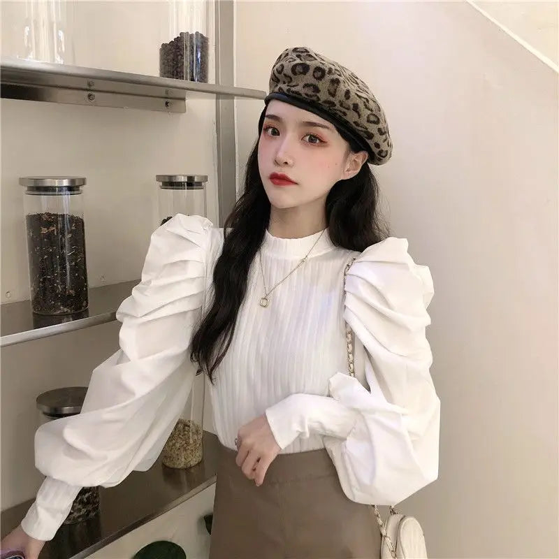 Ele White Bubble Sve Base irt Women's Unique Design Small ence 2025 New Autumn Winter Chic f High Collar Top
