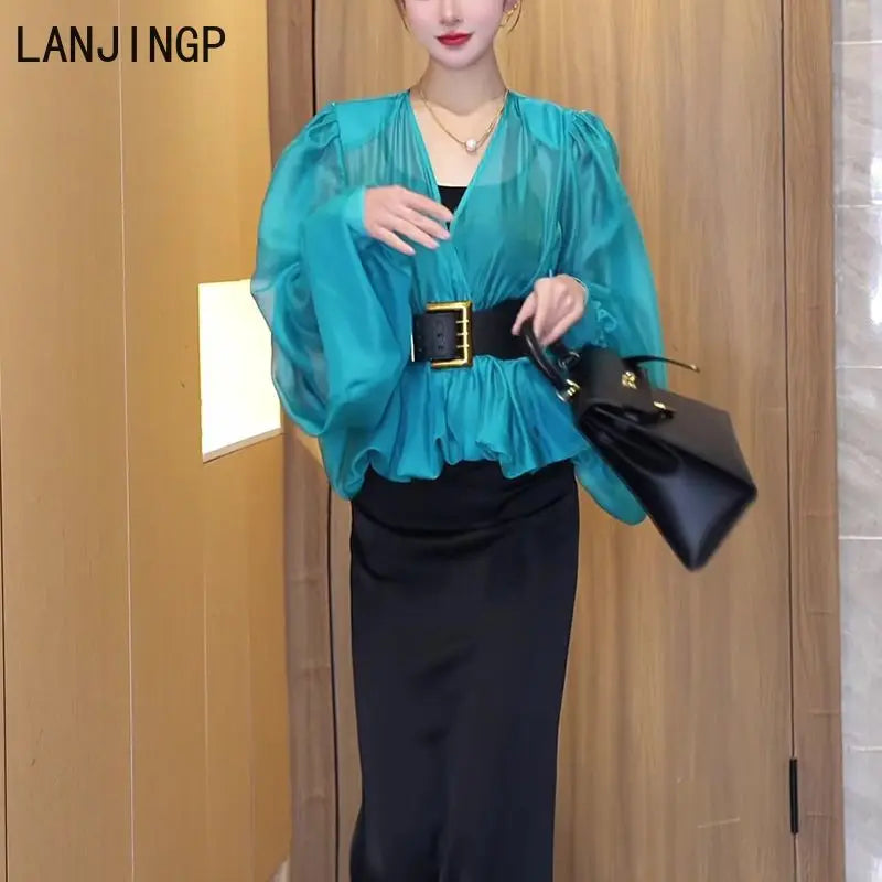 Spring and summer light mesh micro-transparent bubble sleeve shirt women's 2025 spring new high-end temperament V-neck top