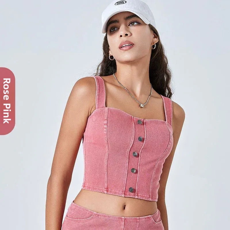 Women's Imitation Denim Fitn Yoga Vest High Elastici A-Line Narrow Strap Vest Eco-Friendly RPET Material No Chest Pad