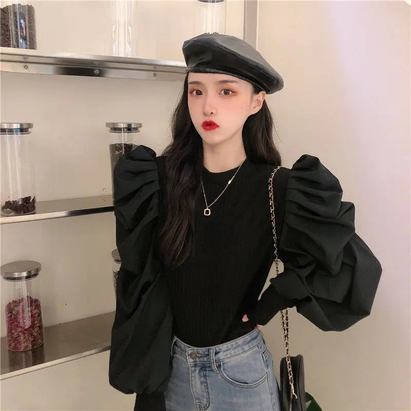 Ele White Bubble Sve Base irt Women's Unique Design Small ence 2025 New Autumn Winter Chic f High Collar Top