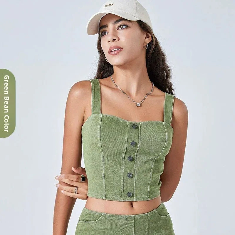 Women's Imitation Denim Fitn Yoga Vest High Elastici A-Line Narrow Strap Vest Eco-Friendly RPET Material No Chest Pad
