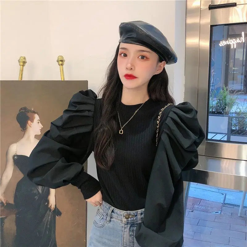 Ele White Bubble Sve Base irt Women's Unique Design Small ence 2025 New Autumn Winter Chic f High Collar Top