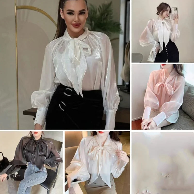 Korean Sle  Knot Bubble Sve irt Women's New 2026 Ele Faionable Chiffon See-tough Top Long Sve Stan...