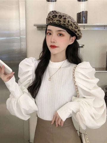 Ele White Bubble Sve Base irt Women's Unique Design Small ence 2025 New Autumn Winter Chic f High Collar Top
