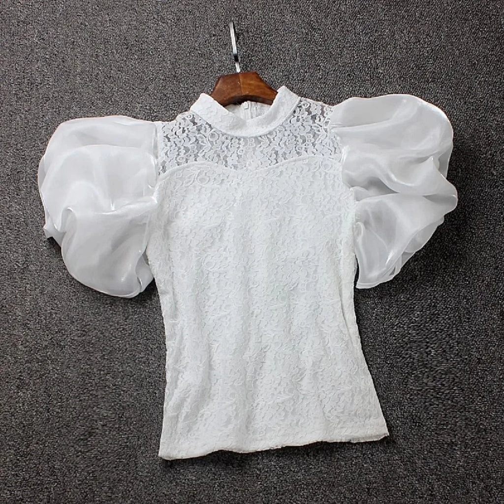 Women  Blouse Ruffled  Mesh  Summer Casual Loose Tops Korean Fashion Lantern Short Sleeve Shirts Vintage Solid Round Neck Tee