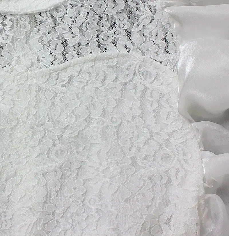 Women  Blouse Ruffled  Mesh  Summer Casual Loose Tops Korean Fashion Lantern Short Sleeve Shirts Vintage Solid Round Neck Tee