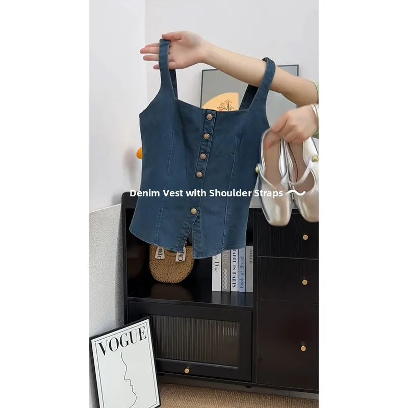 Retro Color Blo Denim Square Collar Vest Strap Women's ort Svel Top Summer New Sle Outdoor Wear Hot Girl
