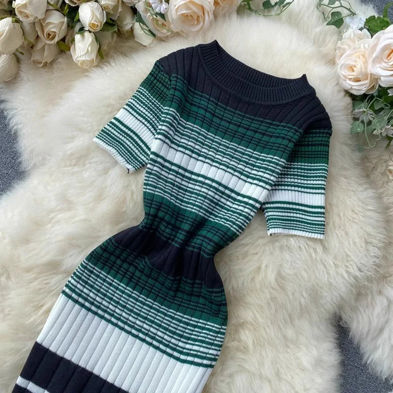 YuooMuoo Lady Stripes Knitted Bodycon Office Dress Summer Slim Elastic Sexy Package Hips Party Dress Women Outfits Vestidos