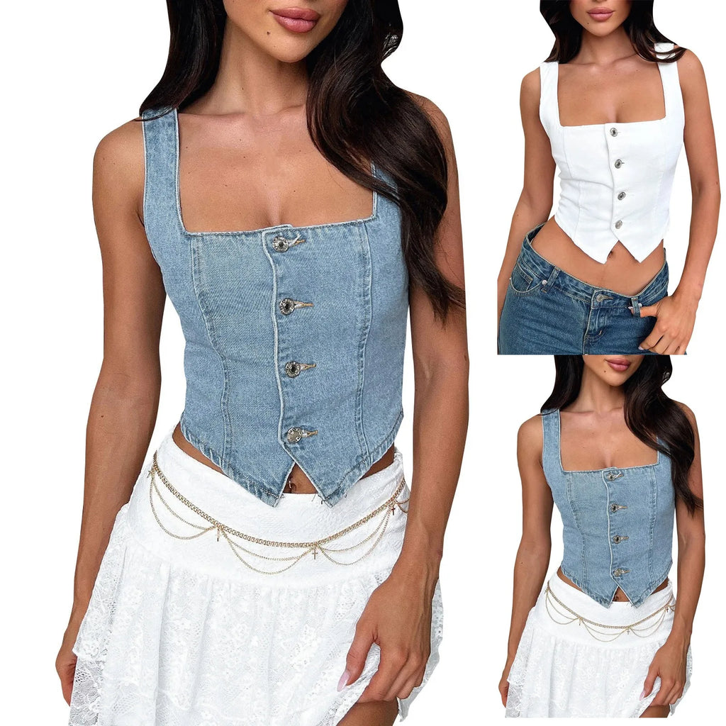 Fashion Slimming Streetwear Square Neck Denim Tops Women's Sexy Sleeveless Suspender Button Down Crop Solid Color Basic Tank Top