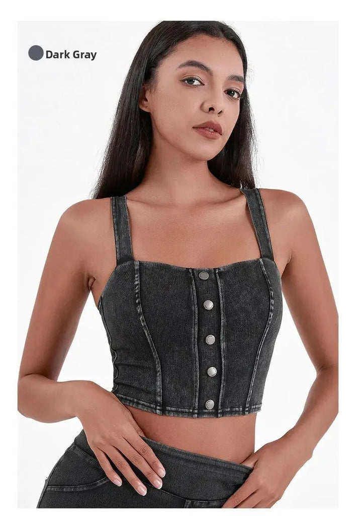 Women's Imitation Denim Fitn Yoga Vest High Elastici A-Line Narrow Strap Vest Eco-Friendly RPET Material No Chest Pad