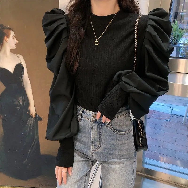 Ele White Bubble Sve Base irt Women's Unique Design Small ence 2025 New Autumn Winter Chic f High Collar Top