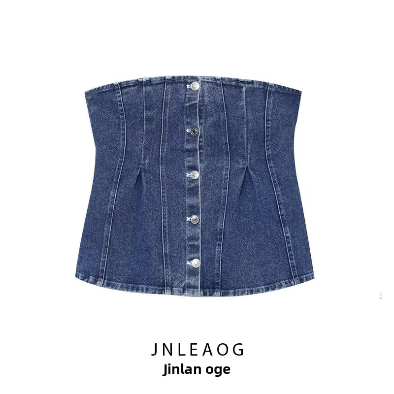 JNLEAOG Faionable Denim Tube Top Women's Clothing Autumn New Sle ort Length Polyester Fiber Zipper Sle Outerwear