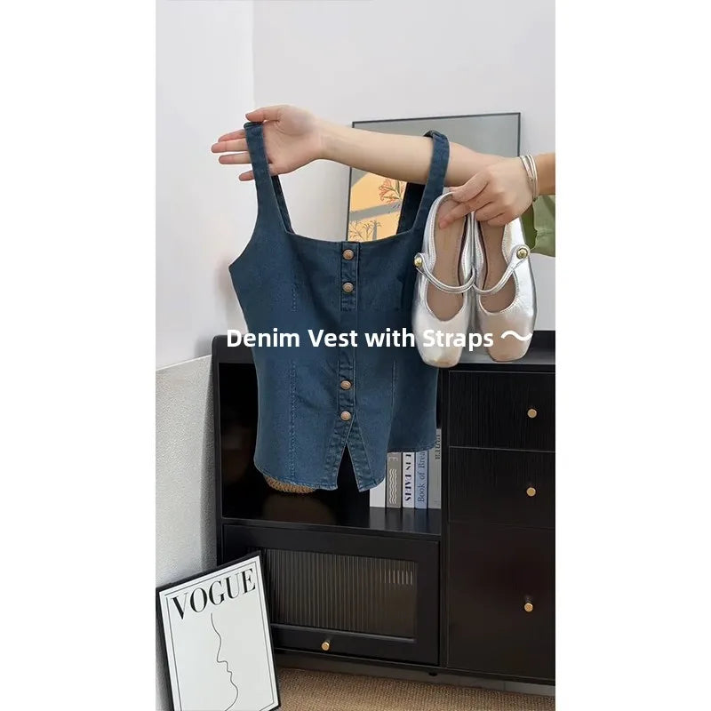Retro Color Blo Denim Square Collar Vest Strap Women's ort Svel Top Summer New Sle Outdoor Wear Hot Girl