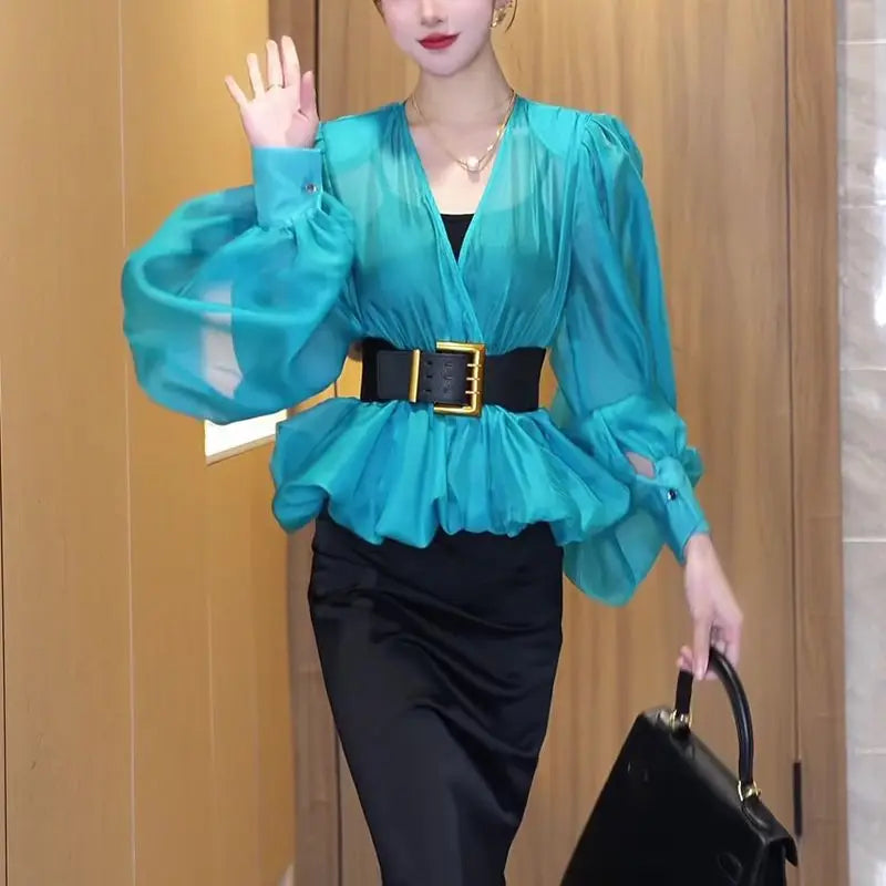 Spring and summer light mesh micro-transparent bubble sleeve shirt women's 2025 spring new high-end temperament V-neck top