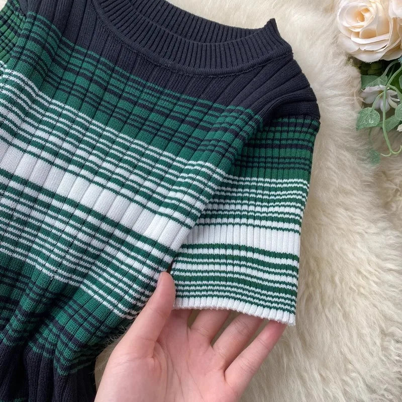 YuooMuoo Lady Stripes Knitted Bodycon Office Dress Summer Slim Elastic Sexy Package Hips Party Dress Women Outfits Vestidos