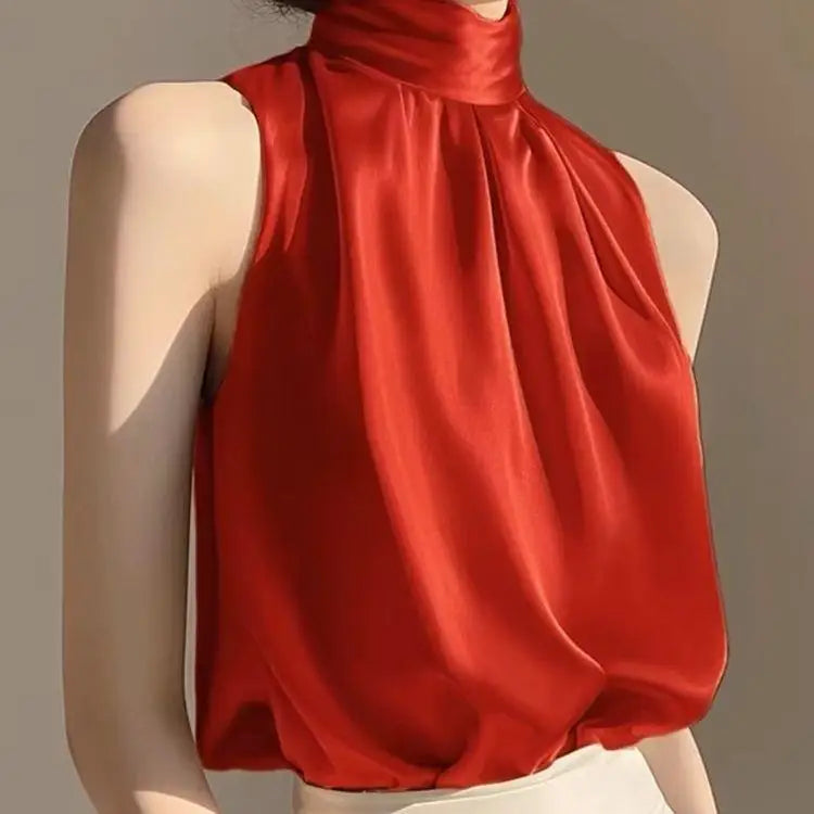 Fashionable Summer Women's Sleeveless Neck Hanging Vest Shirt Chiffon Satin Fabric Korean Style Loose Fit  Color Top