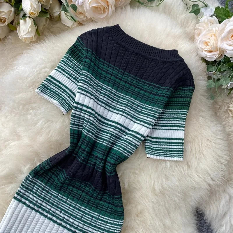 YuooMuoo Lady Stripes Knitted Bodycon Office Dress Summer Slim Elastic Sexy Package Hips Party Dress Women Outfits Vestidos