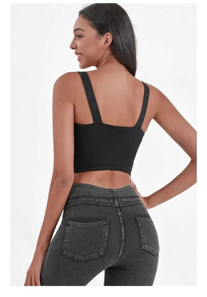 Women's Imitation Denim Fitn Yoga Vest High Elastici A-Line Narrow Strap Vest Eco-Friendly RPET Material No Chest Pad
