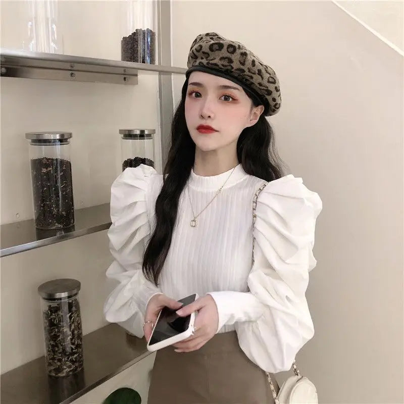 Ele White Bubble Sve Base irt Women's Unique Design Small ence 2025 New Autumn Winter Chic f High Collar Top