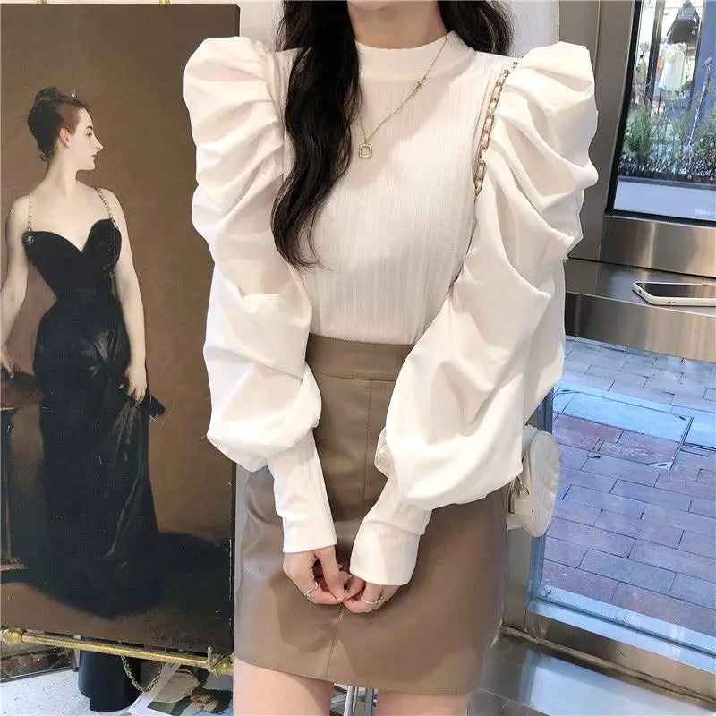 Ele White Bubble Sve Base irt Women's Unique Design Small ence 2025 New Autumn Winter Chic f High Collar Top