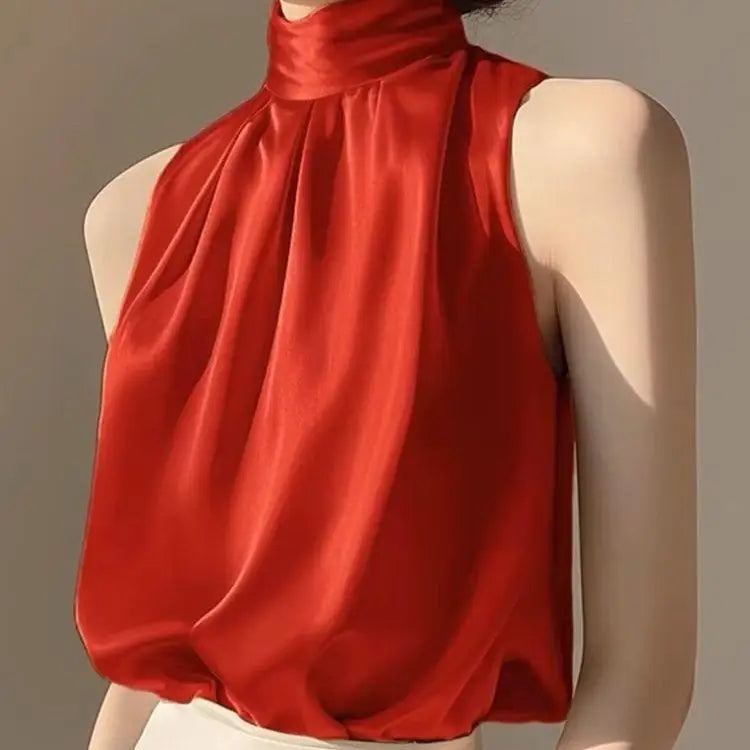 Fashionable Summer Women's Sleeveless Neck Hanging Vest Shirt Chiffon Satin Fabric Korean Style Loose Fit  Color Top